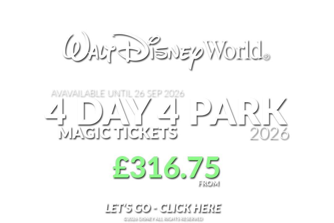 Discover the wonders of Walt Disney World 4 Day 4 Park Magic Tickets in 2026. Enjoy thrilling rides, enchanting shows, and magical experiences. GoTicketless.co.uk ©Disney All Rights Reserved Discover the wonders of Walt Disney World 4 Day 4 Park Magic Tickets in 2026. Enjoy thrilling rides, enchanting shows, and magical experiences. GoTicketless.co.uk ©Disney All Rights Reserved